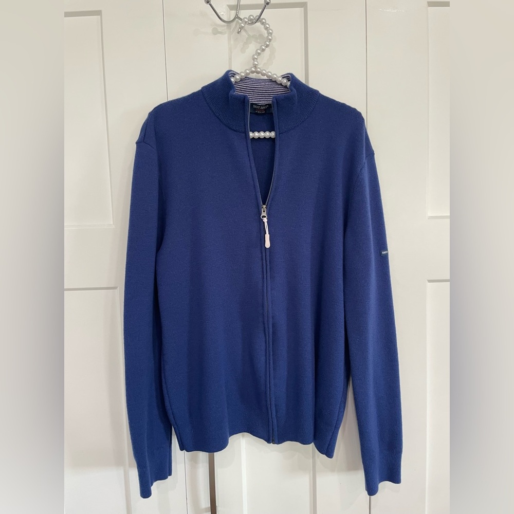Saint James Men’s XL Full Zip Wool Cardigan Sweater Knit Blue Creggan